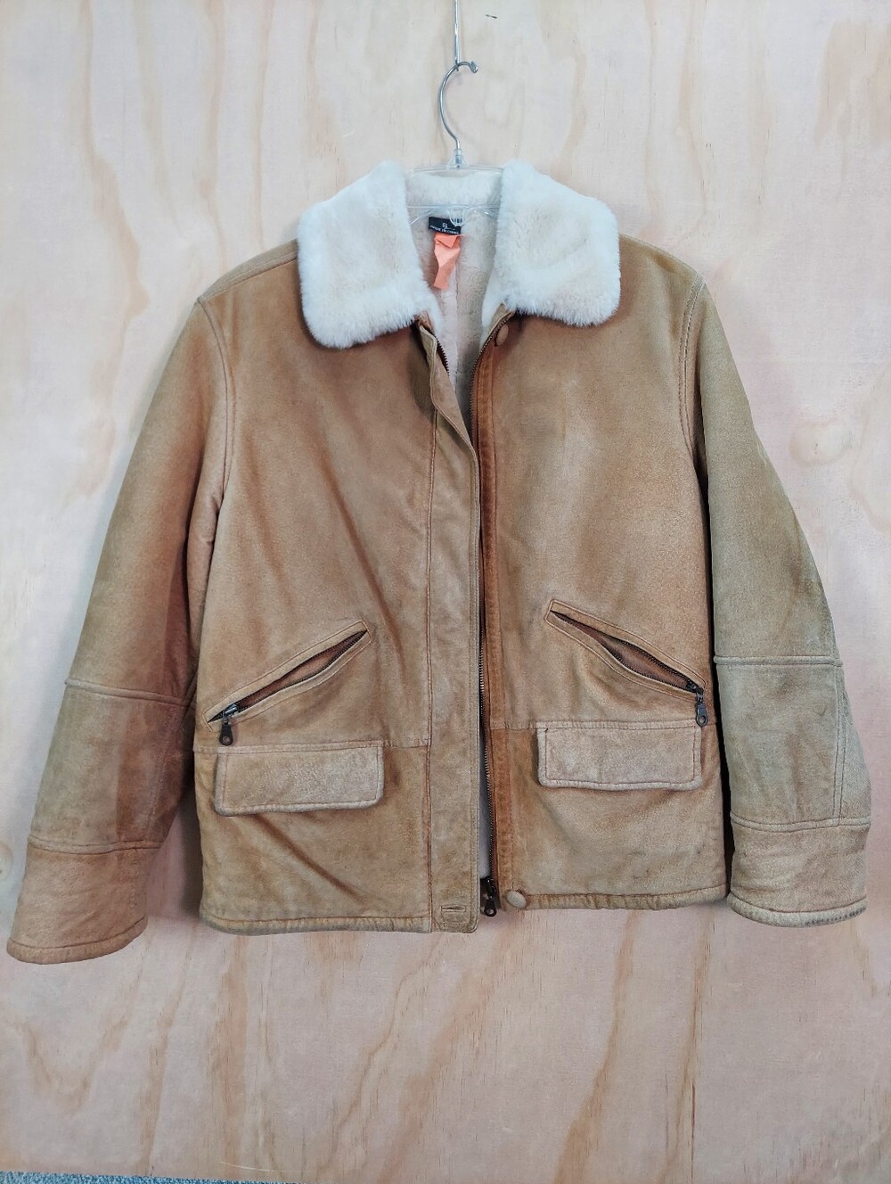 Gallery Tan Suede Jacket with Cream Faux Shearling Collar & Lining. Womens S